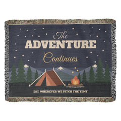 The Adventure Continues Woven Blanket – Camping Couple Gift for Anniversary or Christmas