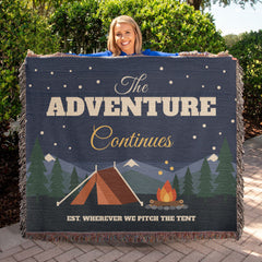 The Adventure Continues Woven Blanket – Camping Couple Gift for Anniversary or Christmas
