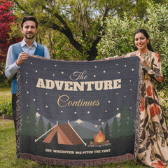 The Adventure Continues Woven Blanket – Camping Couple Gift for Anniversary or Christmas
