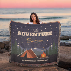The Adventure Continues Woven Blanket – Camping Couple Gift for Anniversary or Christmas
